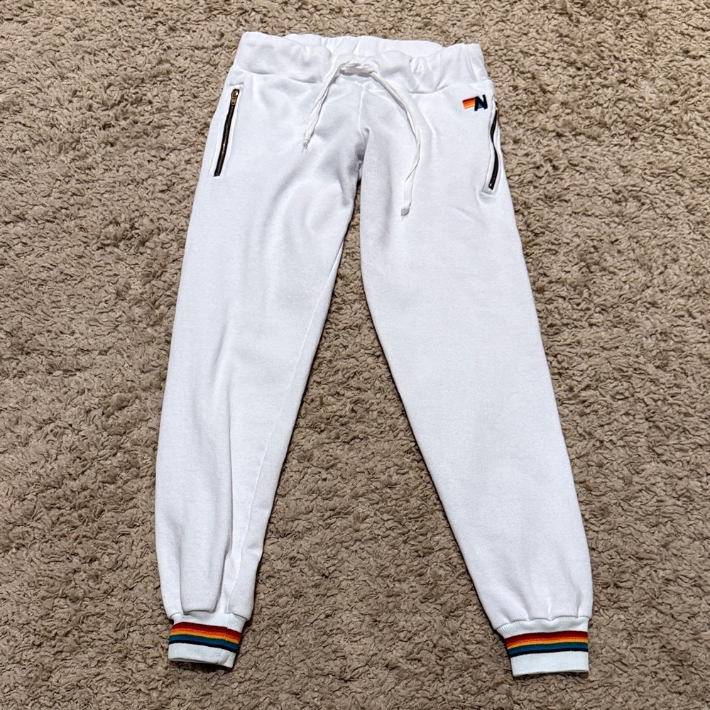 Aviator Nation White Track Joggers with Rainbow Cuff Trim